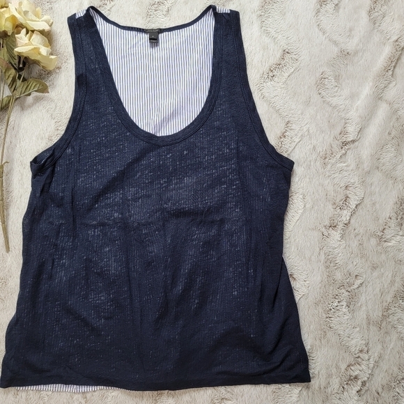 J Crew Silk Trapeze Vertical Stripe Back Linen Solid Front Panel Top Navy Size S - Picture 4 of 11